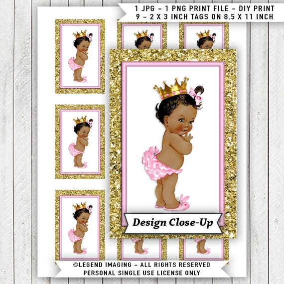 African American Princess Baby Shower Thank You Gift Tags Pink Gold Glitter Ethnic