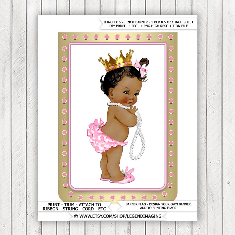 Ethnic African American Princess Pearl Baby Shower Banner Bunting Flags Ethnic Princess Pearl Baby Shower Banner