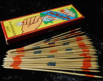 Table Game, collectible vintage Mikado Pick-up Sticks game, in original cardboard box, 1960s wooden Mikado Sticks, subtlety game