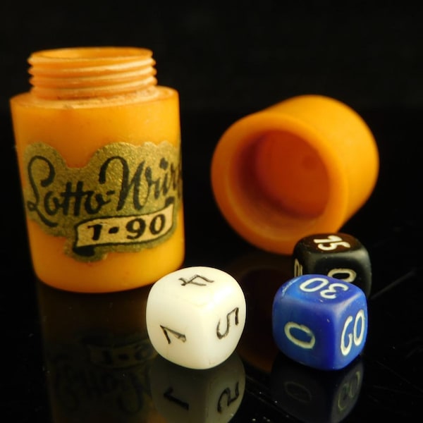 Table Game, collectible, Bakelite micro dice cup, Lotto Würfel 1-90, with 3 dices made of stone, vintage dice cup