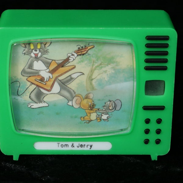 RARE vintage miniature TV, PLASTIC KOP with cartoon Tom & Jerry, collectible dollhouse toy, Made in Germany 1960s