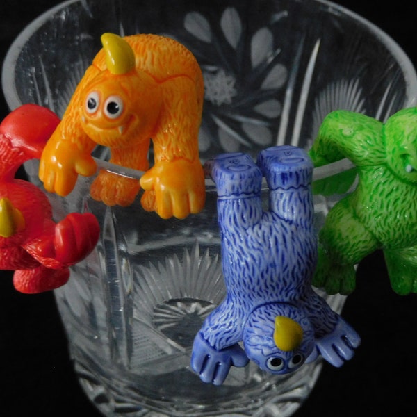 Cake Toppers, Vintage Toys, collectible cool Monsters to hang on glasses, Complete Series of 4 Plastic Figurines