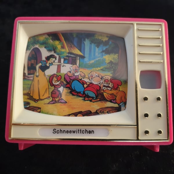 RARE vintage miniature TV, PLASTISKOP with cartoon Schneewittchen, collectible dollhouse toy, Made in Germany 1960s