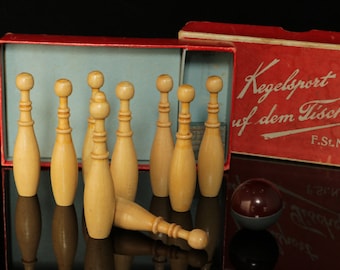 Table Game, collectible, SKITTLES Game, D.R.G.M. Factory mark Germany 1945, complete with ball, skittles // HANDMADE