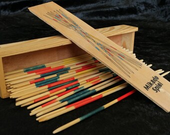 Table Game, collectible, vintage Mikado Pick-up Sticks, complete with wooden box and instruction