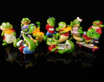 Vintage Toys, Collectible, Krokodil with skater, frisbee, laptop chips, Crazy Crocos 1993, Complete Series Vintage KINDER Surprise Figurines