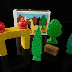 Wooden toy, wooden miniature toys, micro toys, MOSQUE AND FOREST, collectible, table game, Juri West Germany, 1950s, in original box