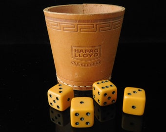 Table Game, collectible, Vintage HAPAG LLOYD Dice Table Game, old dice cup with 4 pcs bakelit dice, genuine leather, Germany 1970s Toys