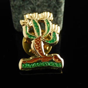 Könnte beinhalten: Goldfarbener Anstecker mit einem grünen und braunen Emaille-Design eines stilisierten Baumes mit dem Text "Las Vallos Verdes" an der Basis.