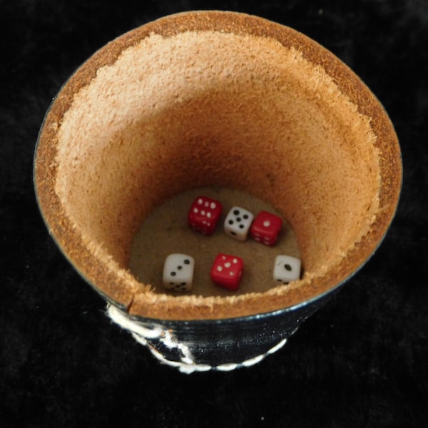 Table Game, collectible, Vintage Dice Table Game, miniatur dice cup with 6 pcs dices, made of stone, genuine leather, Germany, 1960s Toys