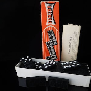 Table Game, collectible toy, vintage monkey DOMINOES Game, tile game, complete in original box, Vintage Toys, made of wood
