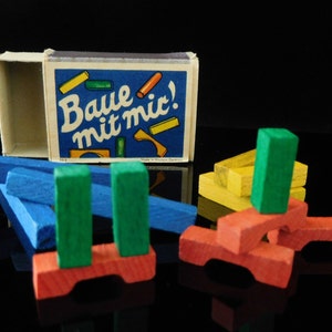 Wooden toy, wooden miniature toys, micro toys, building brick, TOY BLOCKS, collectible, table game, West Germany, 1950s, in original box