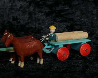 Rare antique wooden toy, wooden miniature toys, horse-drawn carriage, collectible dollhouse toys // Handmade in Germany Erzgebirge 1910-1930