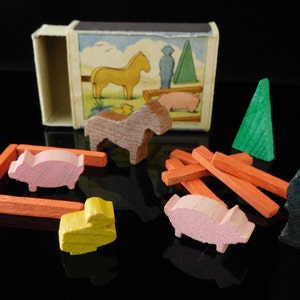 Wooden toy, wooden miniature toys, micro toys, toy blocks, FARM ANIMALS, collectible, table game, West Germany, 1950s, in original box