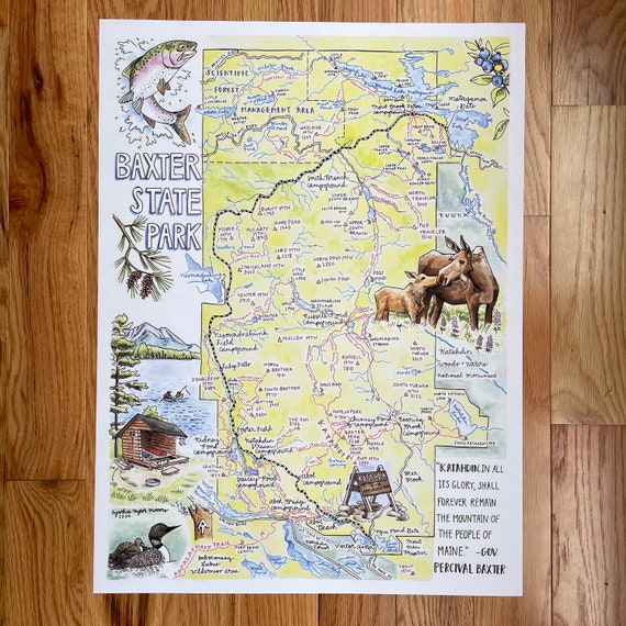 Baxter State Park Illustrated Map Print, 18x24 inches