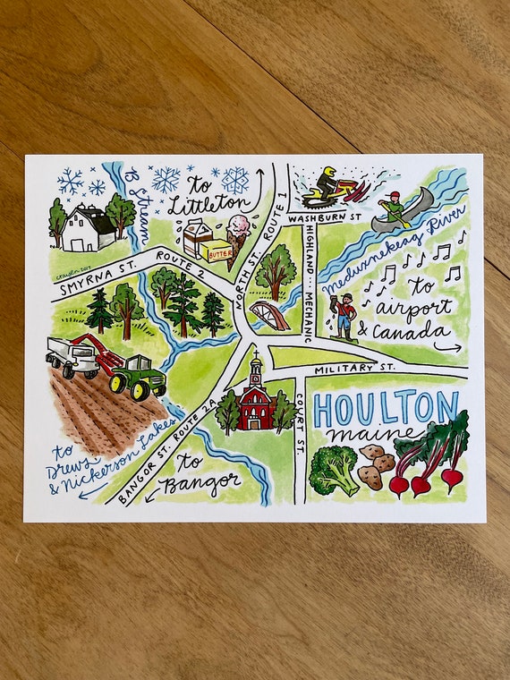 Houlton Maine, Illustrated Map Print, 8 x 10 inches