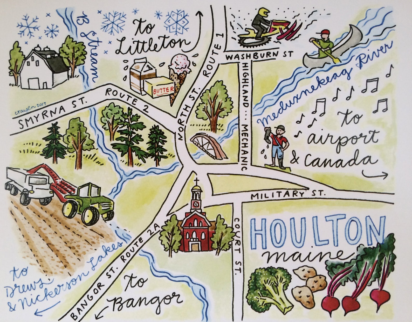 Houlton Maine, Illustrated Map Print, 8 X 10 Inches Etsy