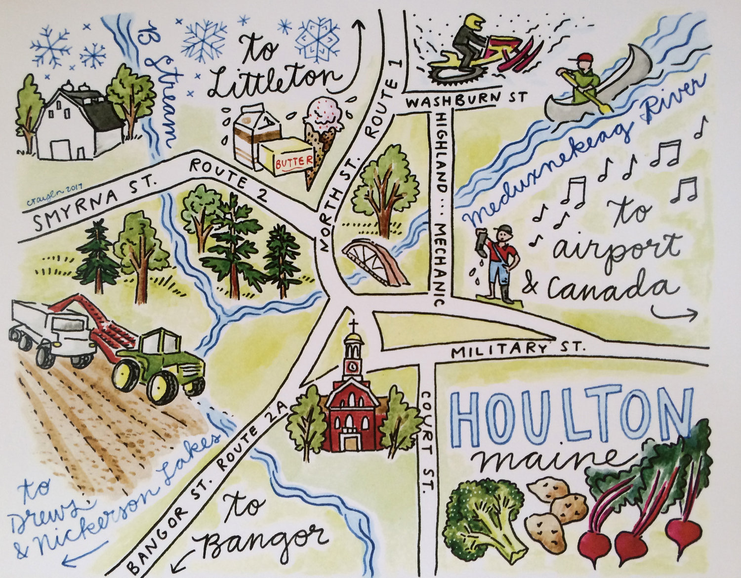 Houlton Maine, Illustrated Map Print, 8 x 10 inches