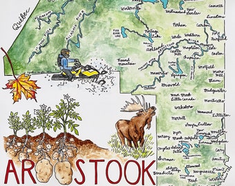 Aroostook County Illustrated Map Print, 18x24 inches