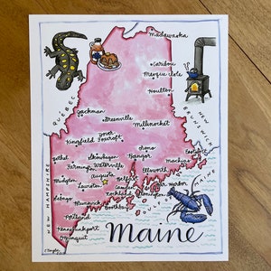 Illustrated Maine Map Print, Pink