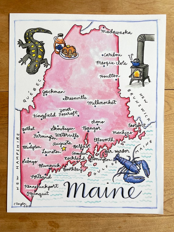 Illustrated Maine Map Print, Pink