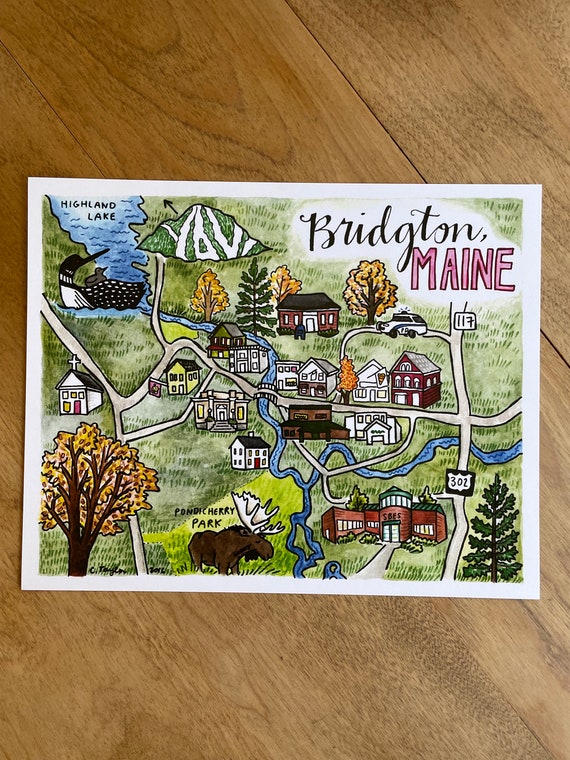 Bridgton Maine, Illustrated Map Print, 8 x 10 inches