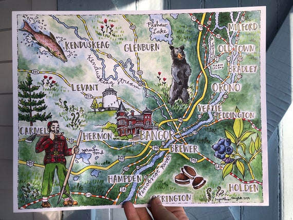 Bangor area, Maine, Illustrated Map Print