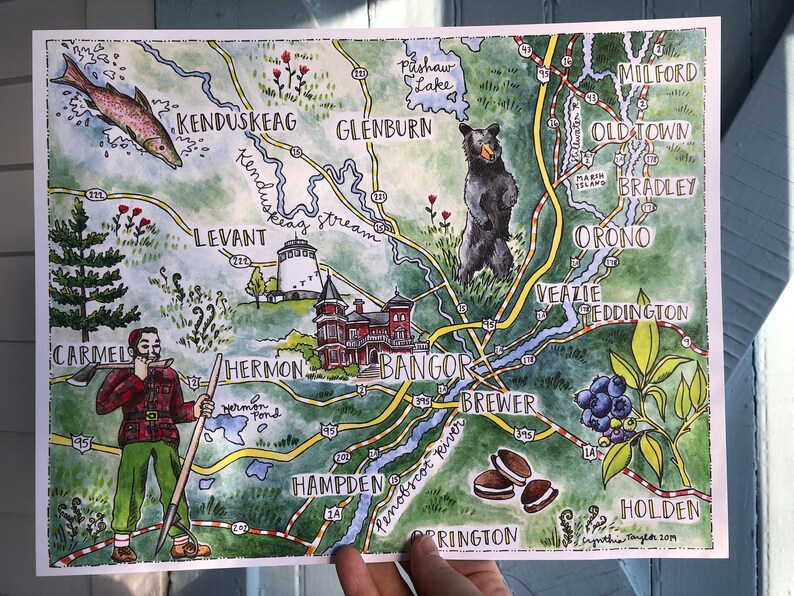 Bangor area Maine Illustrated Map Print | Etsy