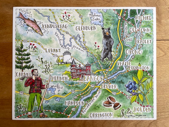 Bangor area, Maine, Illustrated Map Print