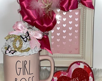 Rae Dunn “GIRL BOSS” mug and decorative mug topper set