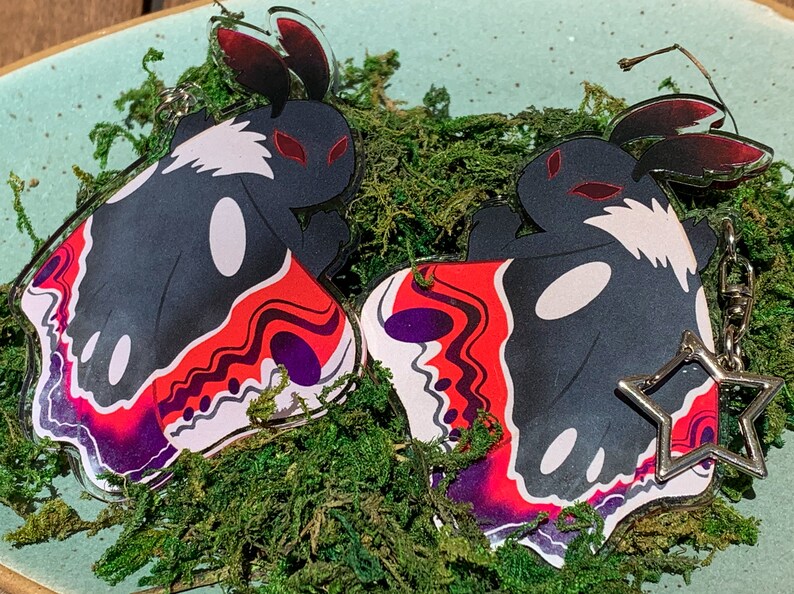 May include: Two black and white butterfly-shaped acrylic charms with red, purple, and white marbled wings. Each charm has a silver star-shaped keychain attached.