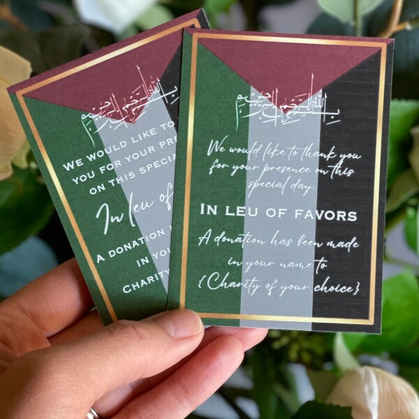 In lieu of favors card, Islamic wedding favor, charity donation cards, all profits donated