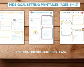 May include: Three printable worksheets for kids, designed for goal setting. Each sheet features spaces for writing goals, with decorative elements like stars, rainbows, and a trophy. The text at the top reads "Kids Goal Setting Printables (Ages 6-12)".