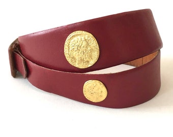 Vintage Burgundy Leather Belt with Golden Coins Charms