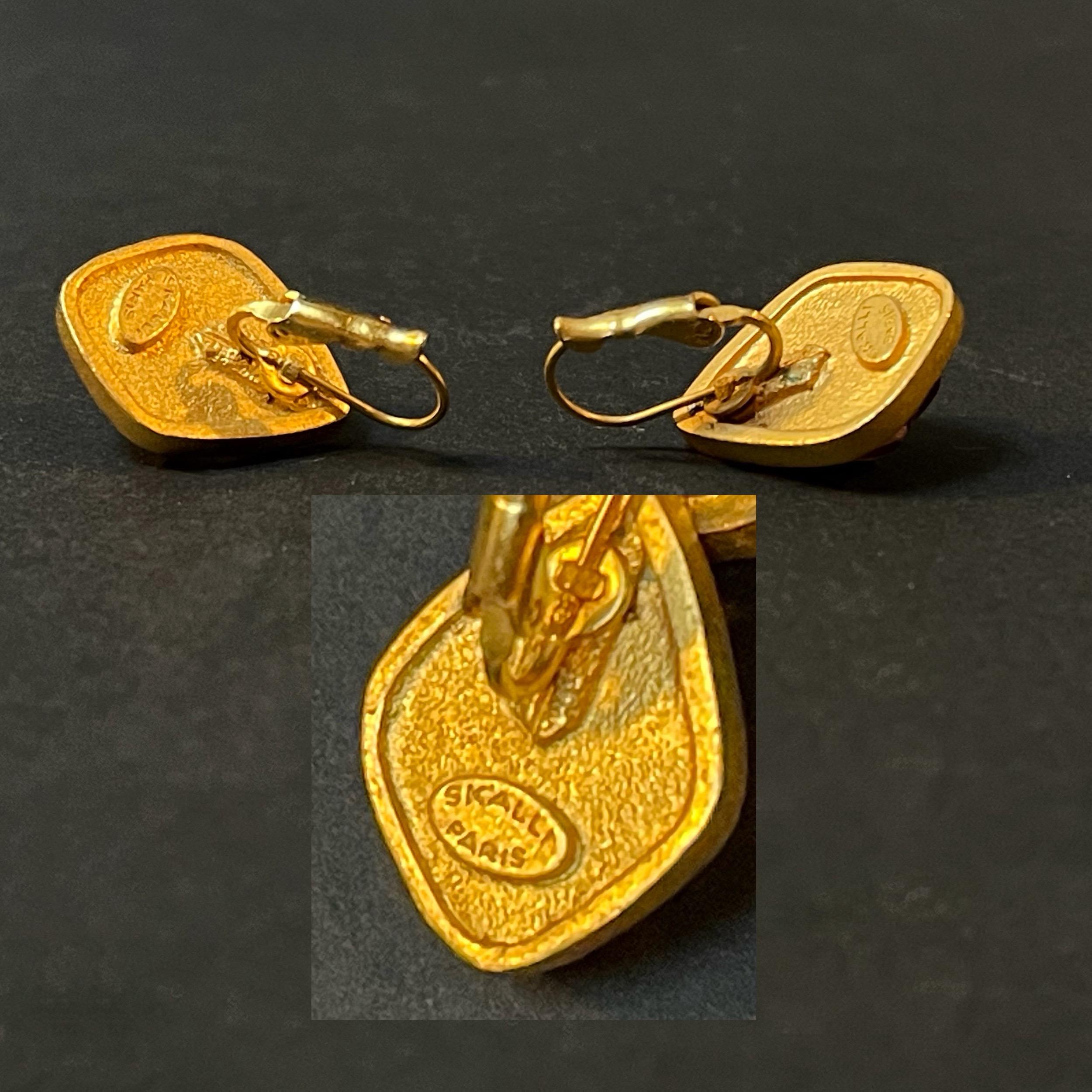Boucles D'Oreilles Clips Années 80 Skalli Paris Orange & Doré - 2 Cm - Occasion Vintage