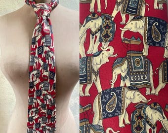 Vintage zijden stropdas René Chagal – olifantenprint, rood en marineblauw