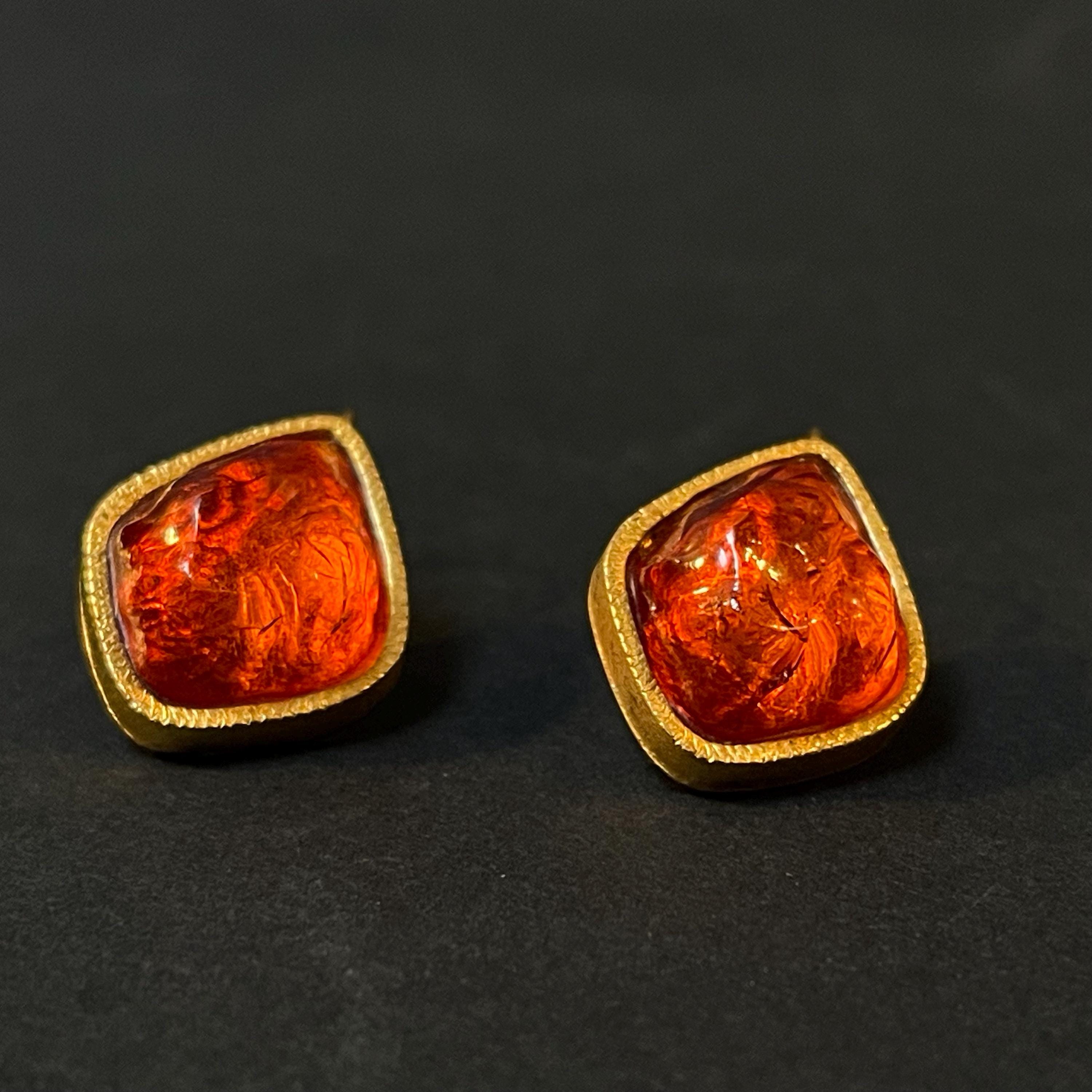 Boucles D'oreilles Clips Années 80 Skalli Paris - Orange & Doré - 2 Cm - Occasion