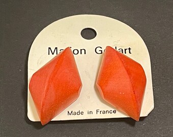 Marion Godard Earrings, Wood Fuchsia, Black Orange, Green, Geometric Clip-On.
