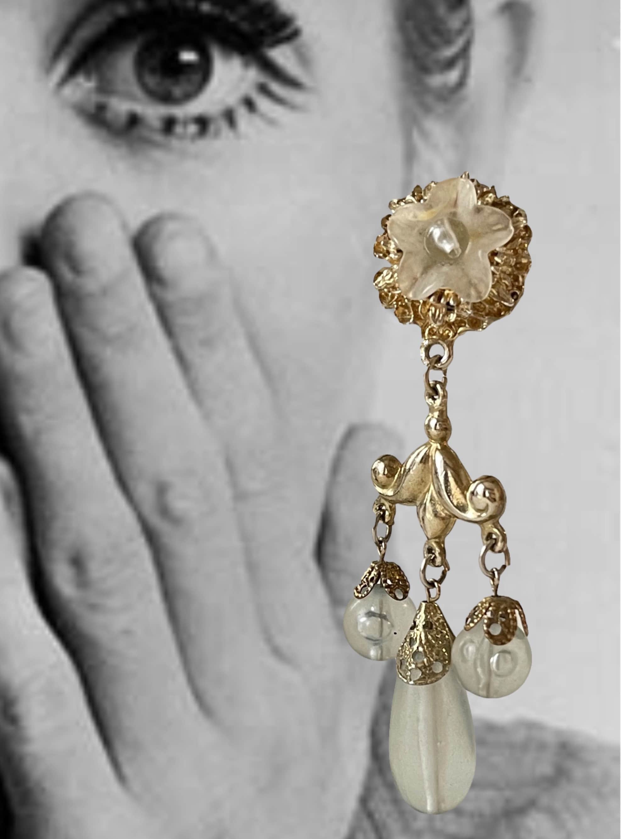 Boucles D'oreilles Vintage Oversize – Laiton, Résine Et Cristal Violet, Clips