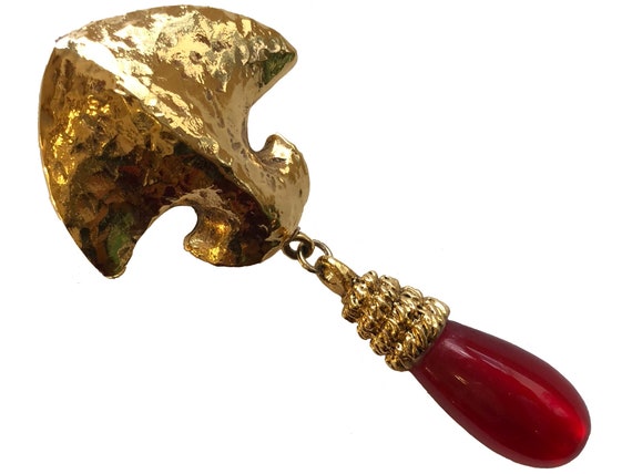 Chunky Golden Dangle Brooch, Red Baroque Pearl, 19