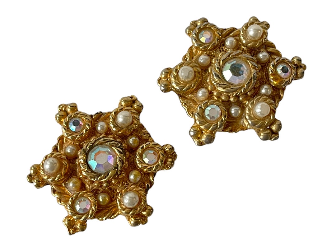 Boucles D'oreilles Vintage Jacky De G - Métal Doré Avec Strass - Fermoir Clips - Occasion