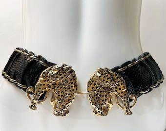 Ceinture années 80 Double Jaguars JOSÉ COTEL, métal doré strass cuir noir