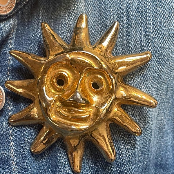 Christian Lacroix, Vintage Golden Sun Face Brooch - Rare Iconic Piece