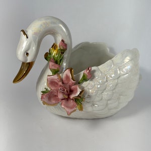 Capodimonte Iridescent Swan Planter with Pink Roses, Made in Italy