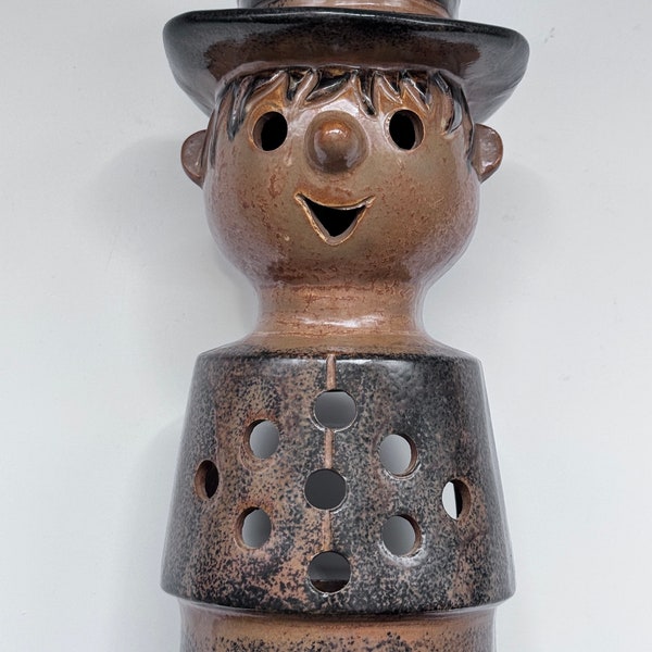 Vintage PWF Pottery Stoneware Lantern, Figural Man Wearing Top Hat Tealight Candle Holder, 1950's Japan