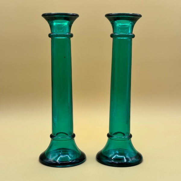 Vintage Teal Glass 9" Candlestick Holders, Set of 2