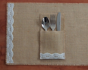 6 Rustic Burlap / Hessian and Ivory Lace Placemats