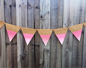 Burlap / Hessian Bunting Banners with ombre painted flag tips. Variety of colours to choose from.