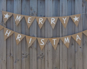 Burlap/Hessian MERRY CHRISTMAS with stars bunting banner.