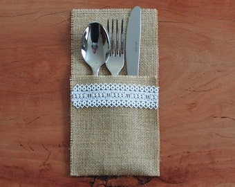 6 Burlap / Hessian and white lace cutlery holder